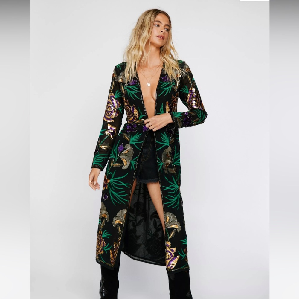 Embellished floral design longline kimono